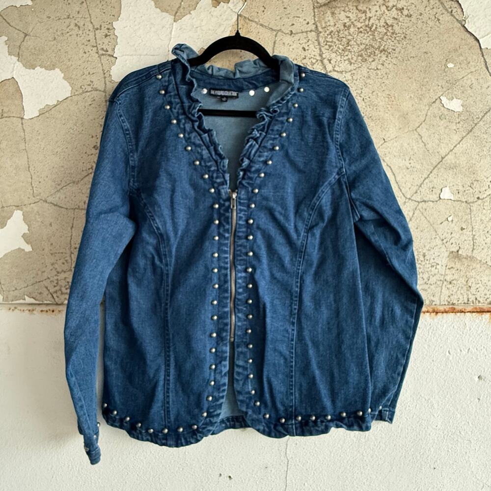 Studded Denim Jacket Ruggle‎ Trim Zip Front Blue Jean Boho Western Outerwear XL